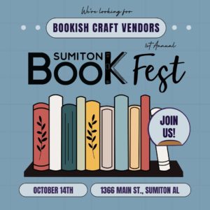 Ad graphic for the Sumiton Book Fest with an illustrated bookshelf
